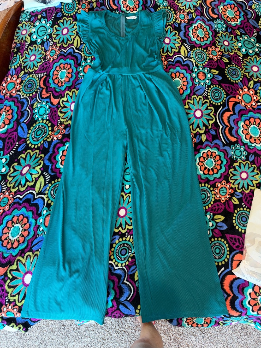 Teal Flutter-Sleeve Wide-Leg Jumpsuit